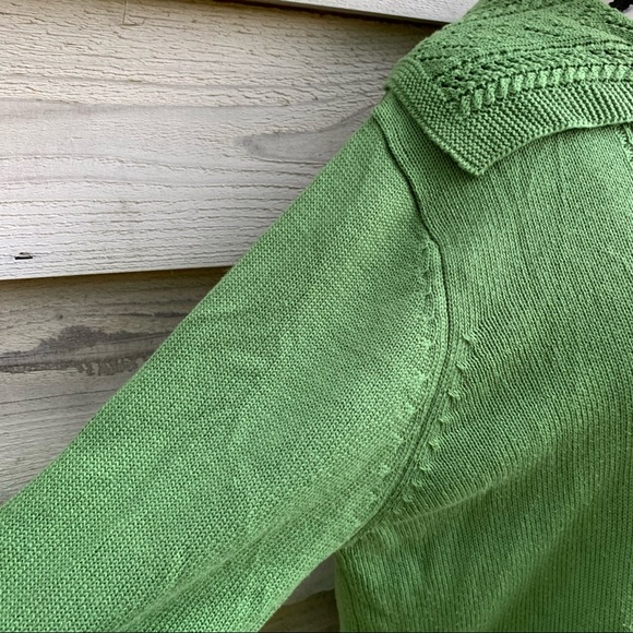 True Vintage 70s Green Peter Pan Collar 3/4 Sleeve Baby Doll Cardigan Sweater - Picture 11 of 16